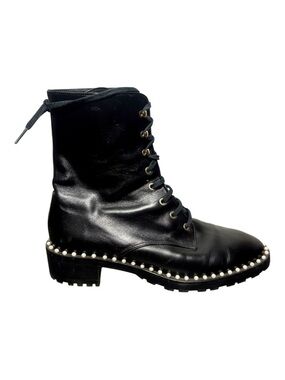 STUART WEITZMAN Sondra Black Leather Pearl-Trim Lace-Up Combat Boot